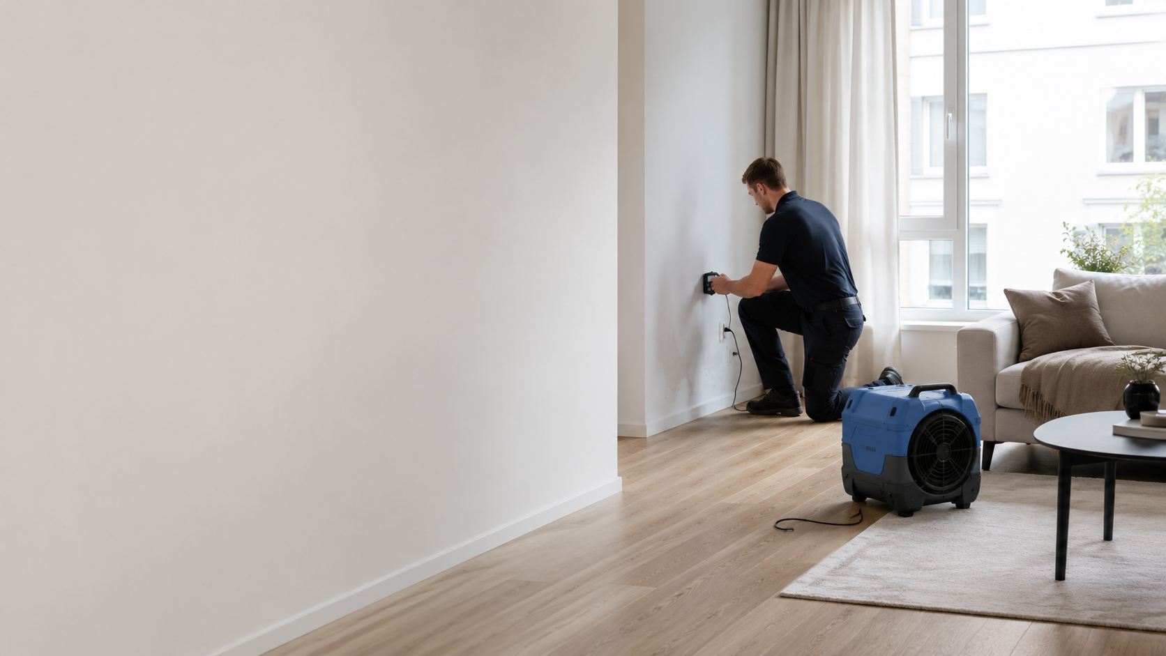 Meldewerk-Mitarbeiter prüft mit Feuchtemessgerät eine Wand in einer modernen Wohnung mit Bautrocknungsgeräten